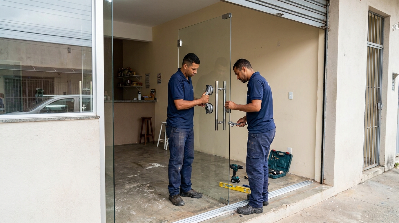 Dupla instalando porta de vidro em loja em Canoas-RS